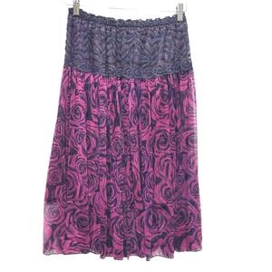 Y2K Womens Whimsygoth Skirt Purple Black Floral Lace Waist‎ Midi Fairygrunge